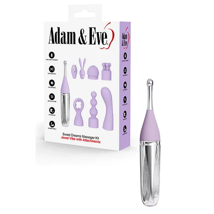 Adam & Eve SWEET DREAMS MASSAGER KIT – Lavender USB Rechargeable Point Stimulator with 8 Interchangeable Tips