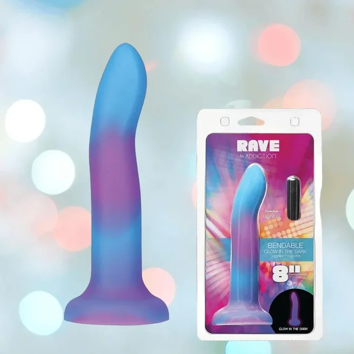 Addiction Rave Glow-in-the-Dark Bendable Vibrating Dong – Blue Purple 8″