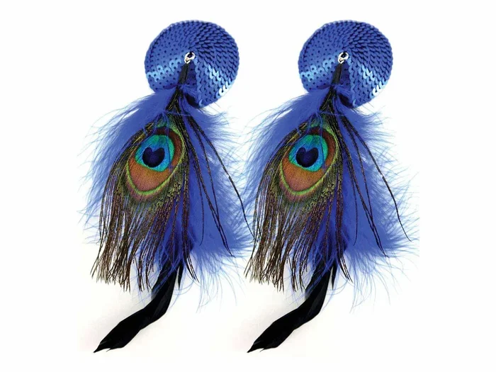 Bijoux de Nip Round Blue Sequin Pasties w/ Feathers