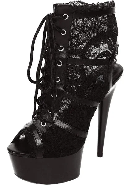 Black Lace Open Toe Platform Ankle Bootie 6″ Heel – Size 7