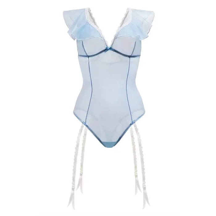 Blue Daiquir Mesh Ruffled Teddy With Garter Powder Blue M/L