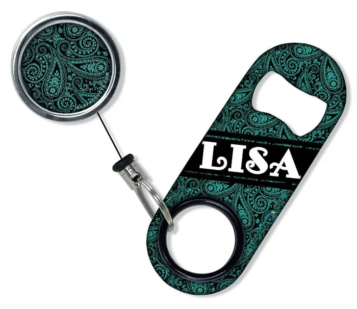 CUSTOMIZABLE Mini Bottle Opener with Retractable Reel – Teal Paisley