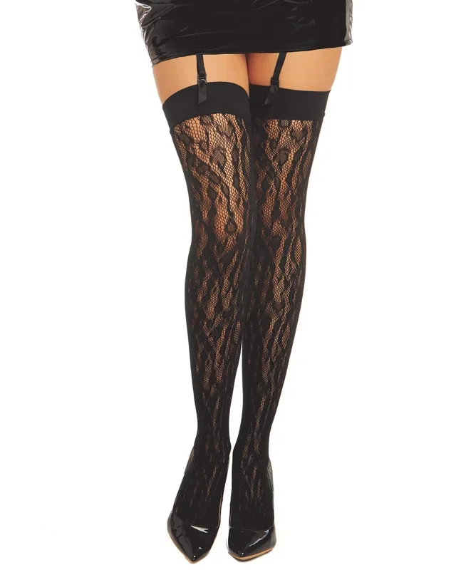 Dreamgirl Fishnet Thigh High Stockings with Knitted Leopard Design Black Size OS