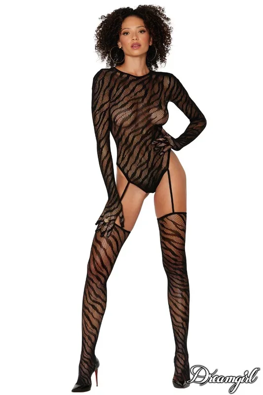 Dreamgirl Lingerie Teddy Bodystocking with Finger Gloves Black Size OS