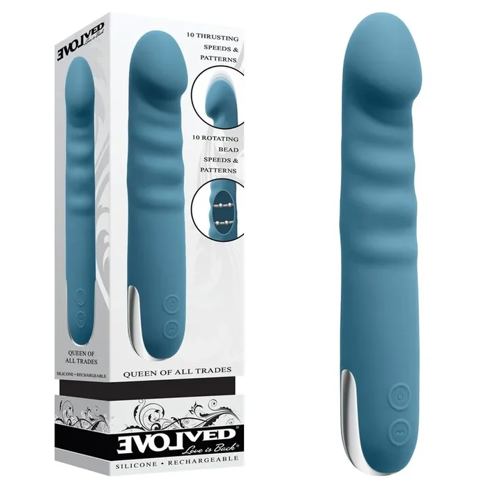Evolved QUEEN OF ALL TRADES – Blue 22.6 cm USB Rechargeable Thrusting & Rotating Vibrator