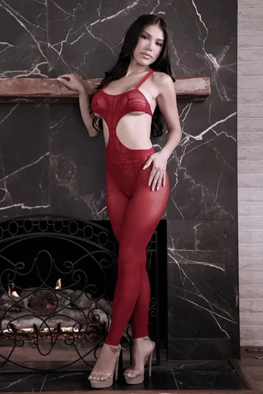 Fantasy Lingerie – Sheer Fantasy – Unforgettable Cut-Out Bodystocking – Red – OS