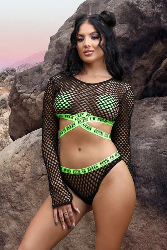 Fantasy Lingerie – Vibes – Fuck Ur Rules Crop Top, Panty & Pasties – Black