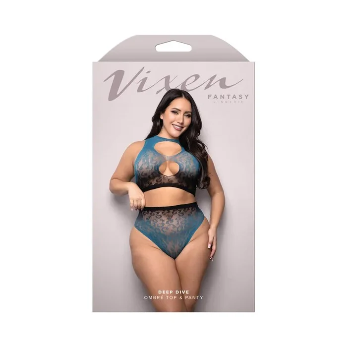 Fantasy Lingerie Vixen Deep Dive Ombre Leopard Knit Cut-Out Top & Panty Black/Blue Queen Size