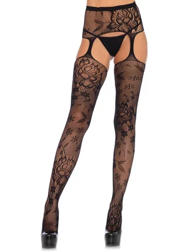 Floral lace stockings with attached high waist garterbelt