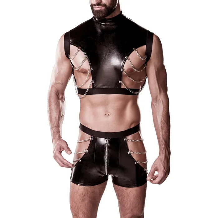 Grey Velvet Men Wetlook Set with Chains