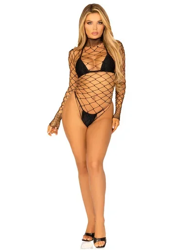 High neck fence net long sleeved bodysuit BLACK O/S
