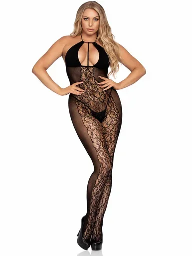 Lace and opaque bodystocking with keyhole halter top.