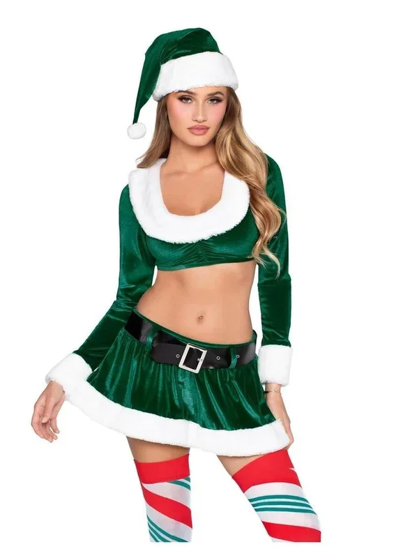 Leg Avenue HoHo Hottie, Velvet Crop Top with Faux Fur Trim, Mini Skirt, Belt and Santa Hat (4 Piece) – Green/White