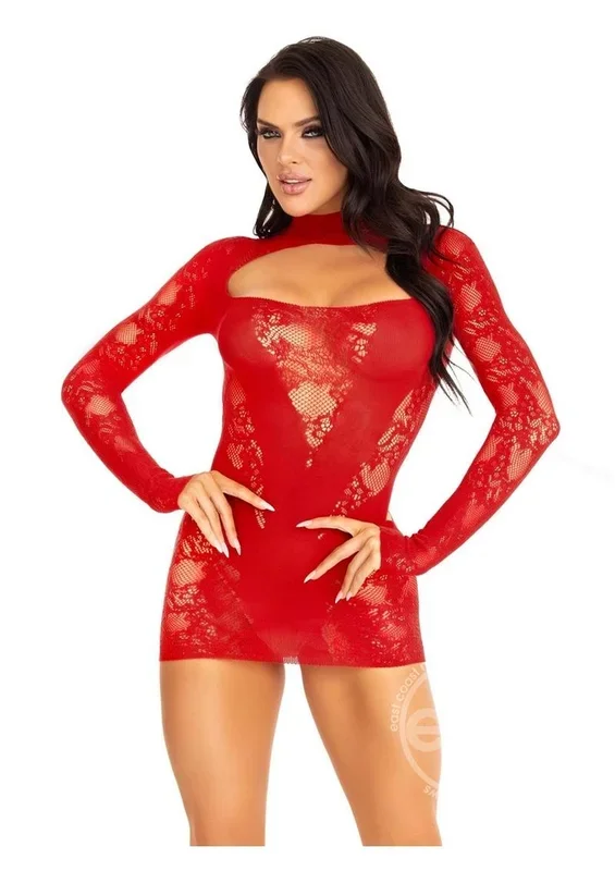 Leg Avenue Lace Keyhole Mini Dress with Opaque Panel Detailing and Gloved sleeves – O/S – Red