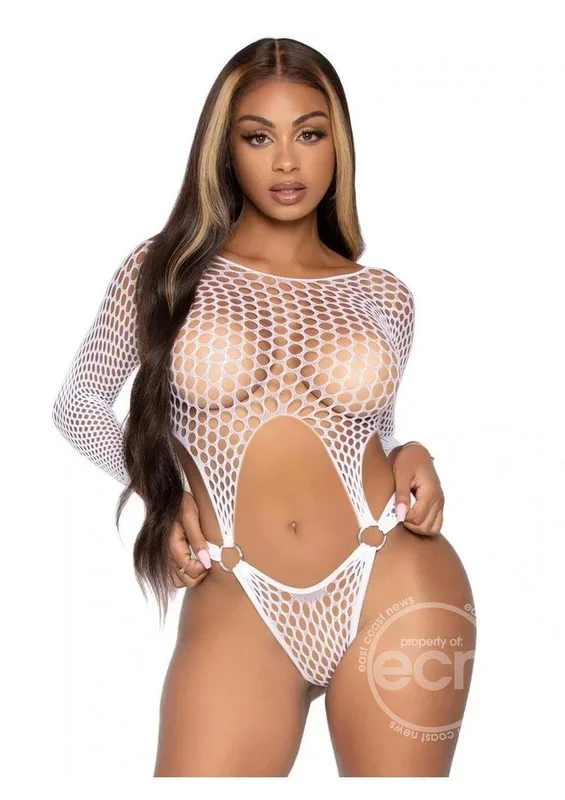 Leg Avenue Long Sleeve Pothole Suspender Top Bodysuit with Thong Back and O-Ring Detail – O/S – White