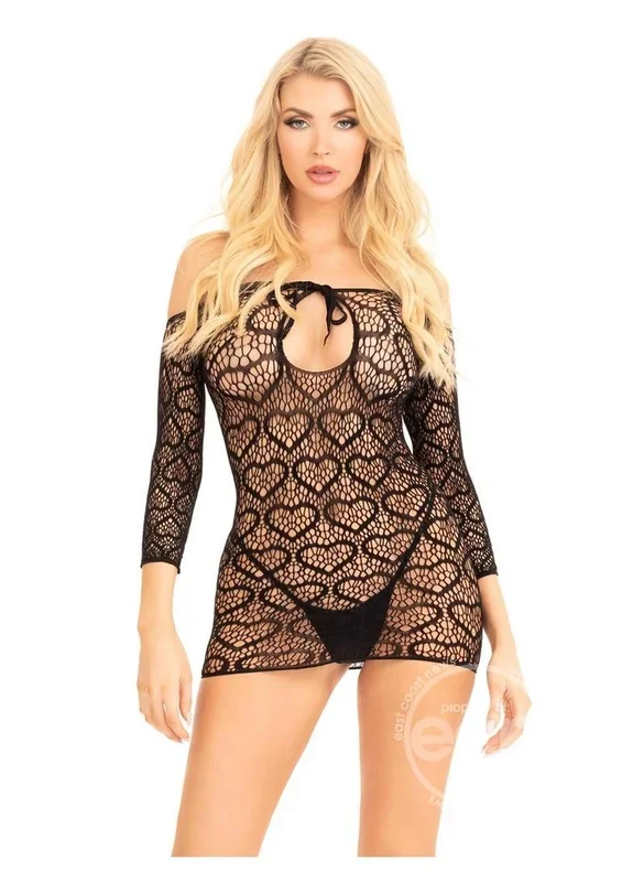 Leg Avenue Seamless Heart Net Mini Dress with Keyhole Tie Front – O/S – Black