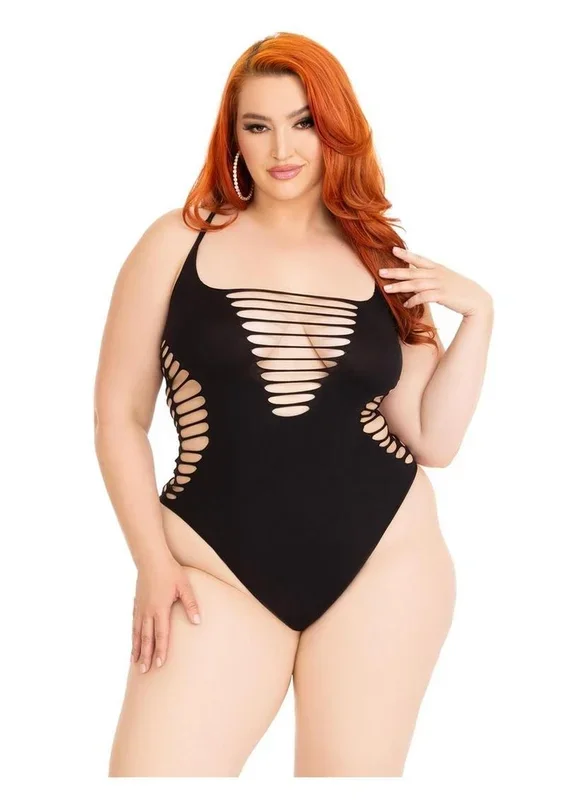 Leg Avenue Seamless Shredded Racer Back Thong Bodysuit – 1X/2X – Black