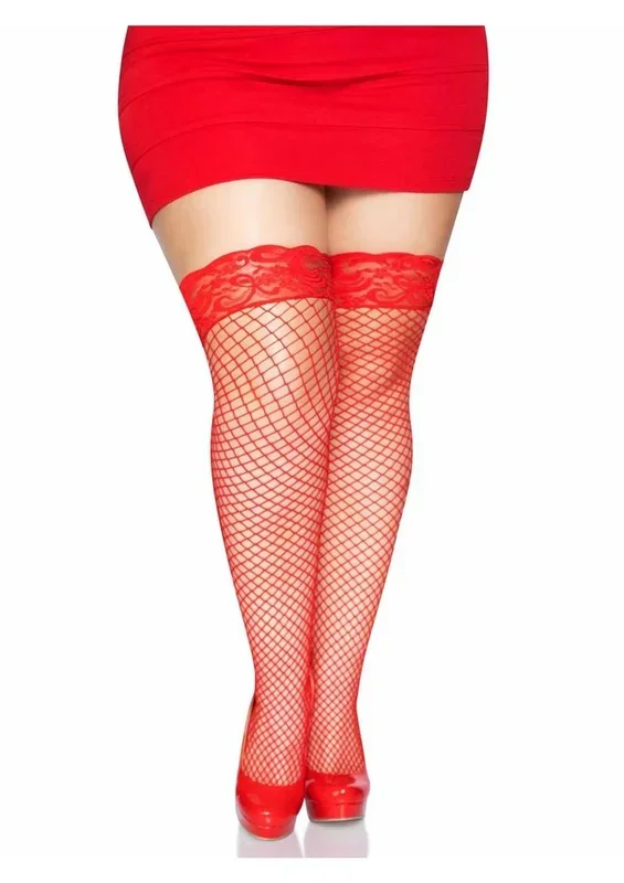 Leg Avenue Spandex Industrial Net Thigh Highs with Stay Up Silicone Lace Top – 1x-2x