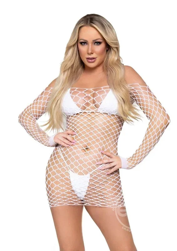 Leg Avenue Supreme Fence Net Long Sleeved Mini Dress – O/S – White