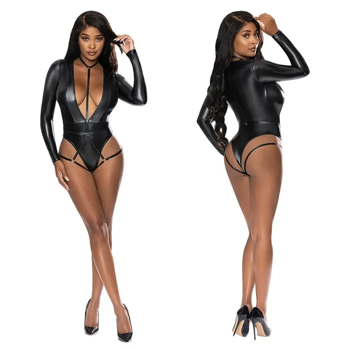 Magic Silk Long Sleeve Teddy with Harness Caging – Black S/M