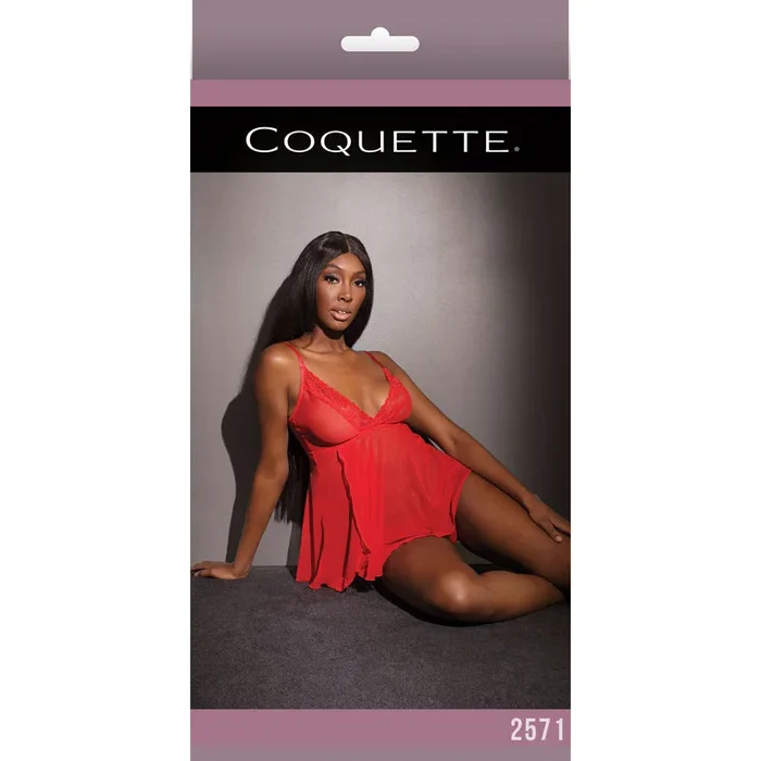 Mesh/Lace Trim Babydoll And Thong Red OS Packaging Box