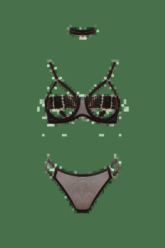 Muse Lingerie 3 Piece Peek-a-Boo Bra And Panty Set With Elastic Choker Black Size S/M/L