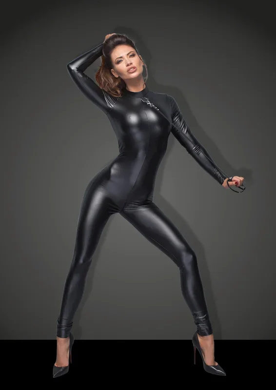 Noir Power Wetlook Overall With Leash And 2 Way Zipper Size L