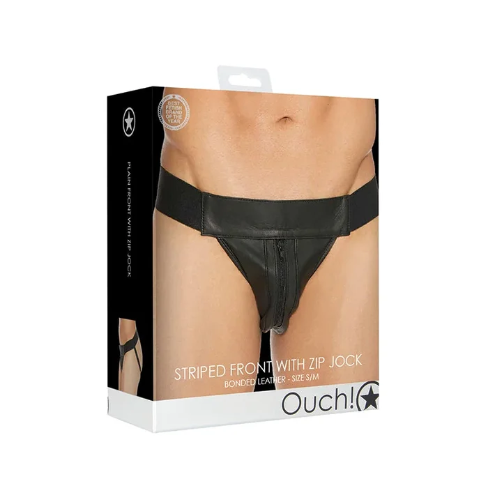 Ouch! Bonded Leather Striped-Front Jock With Zip Black S/M