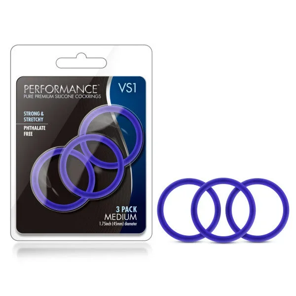 Performance VS1 Pure Premium Silicone Cockrings – Indigo Medium Cock Rings – Set of 3