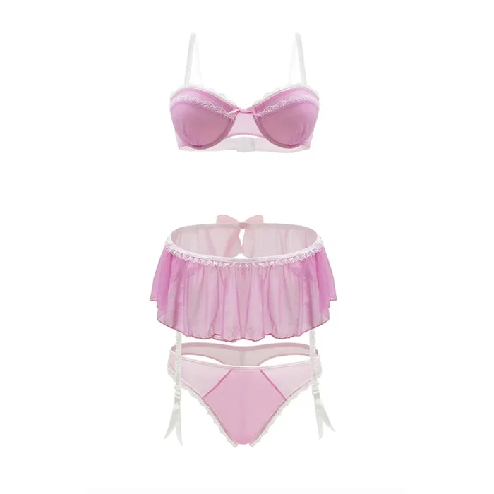 Pink Lady Bra, Skirt and Panty Set 1x/2x Strawberry Cream