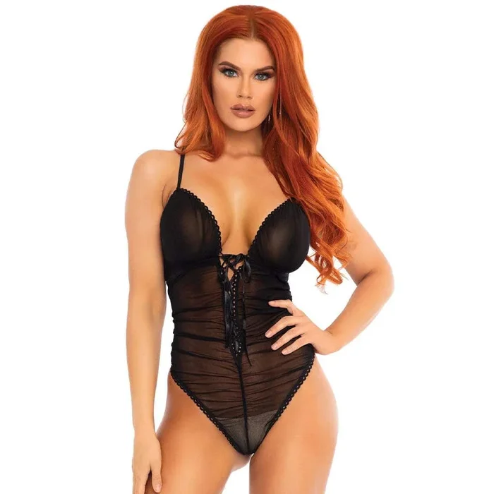 Scalloped Trimmed Sheer Ruched Lace Up Teddy with Cross Over Back Straps M/L Black