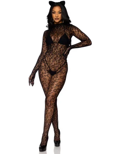 Seamless leopard net gloved catsuit.-O/S-BLACK