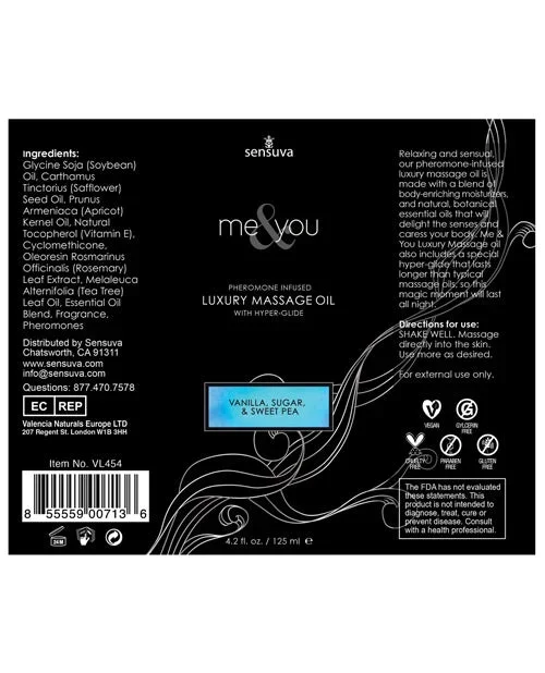 Sensuva Me & You Massage Oil – 4.2 oz Vanilla Sugar Sweet Pea
