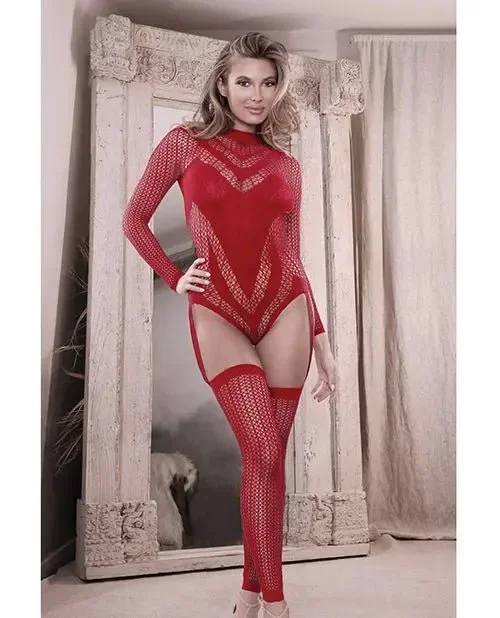 Sheer Infatuation Long Sleeve Teddy with Attached Footless Stockings