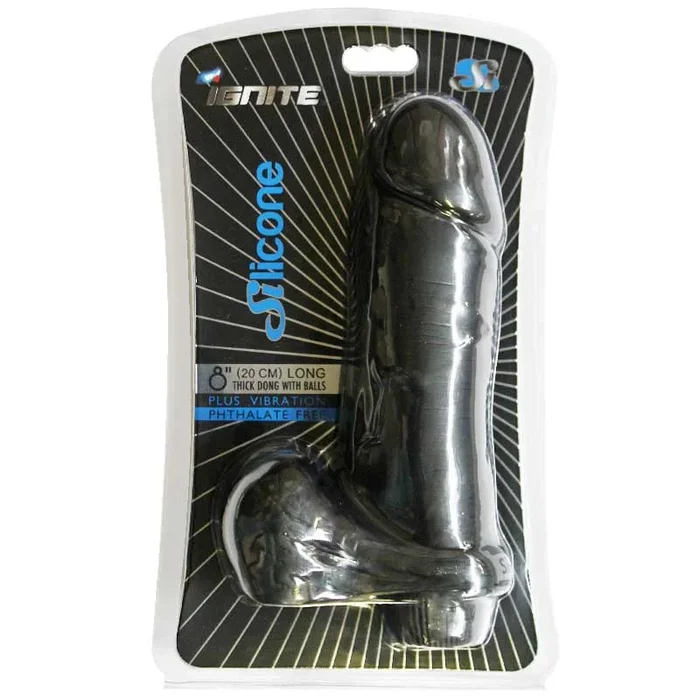 SI 8in Thick Vibrating Silicone Dong w/Balls Black