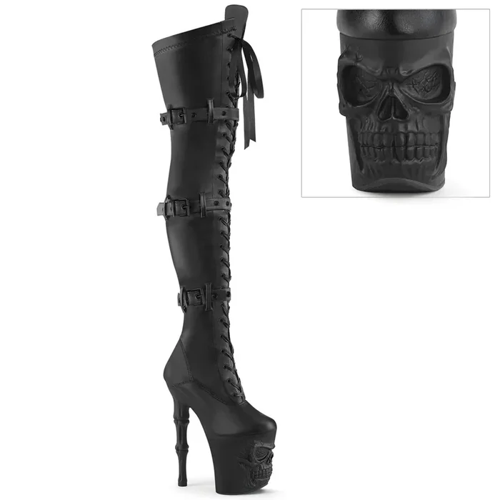 Skull Sculpted High Boot – 8″ Heel – PLEASER – Black