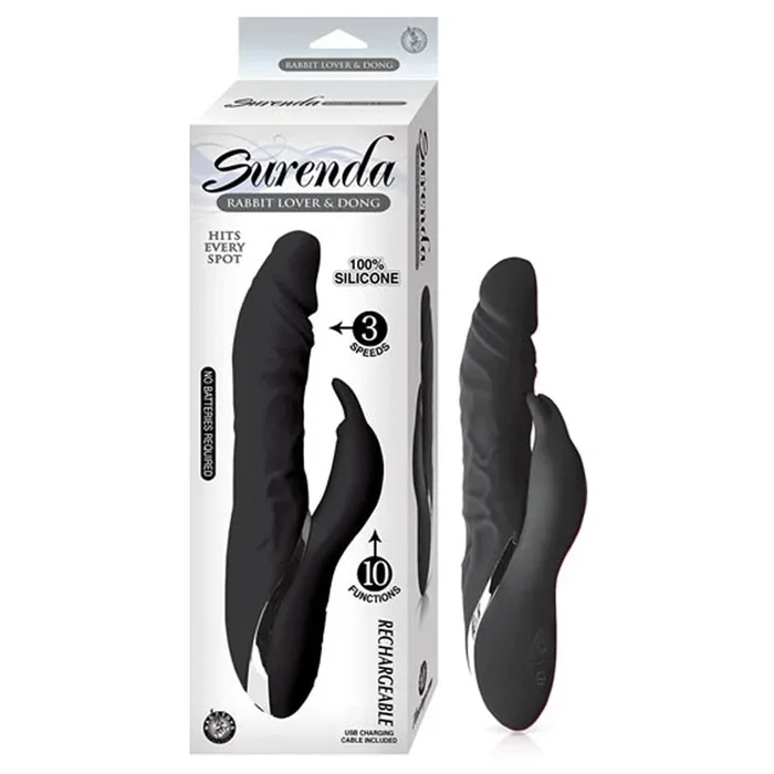 Surenda Rabbit Lover&Dong 3 Speed 10 Function Silicone USB Rechargeable Waterproo Black