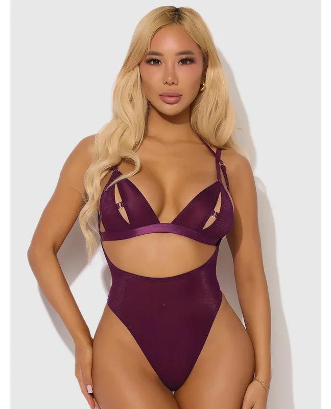 Yasmine Shimmer Mesh Slit Cup, Backless Teddy & Bralette Set – Burgundy XL